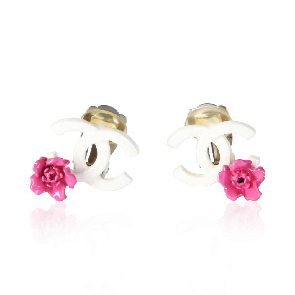 Chanel White & Pink Enamel CC Earrings